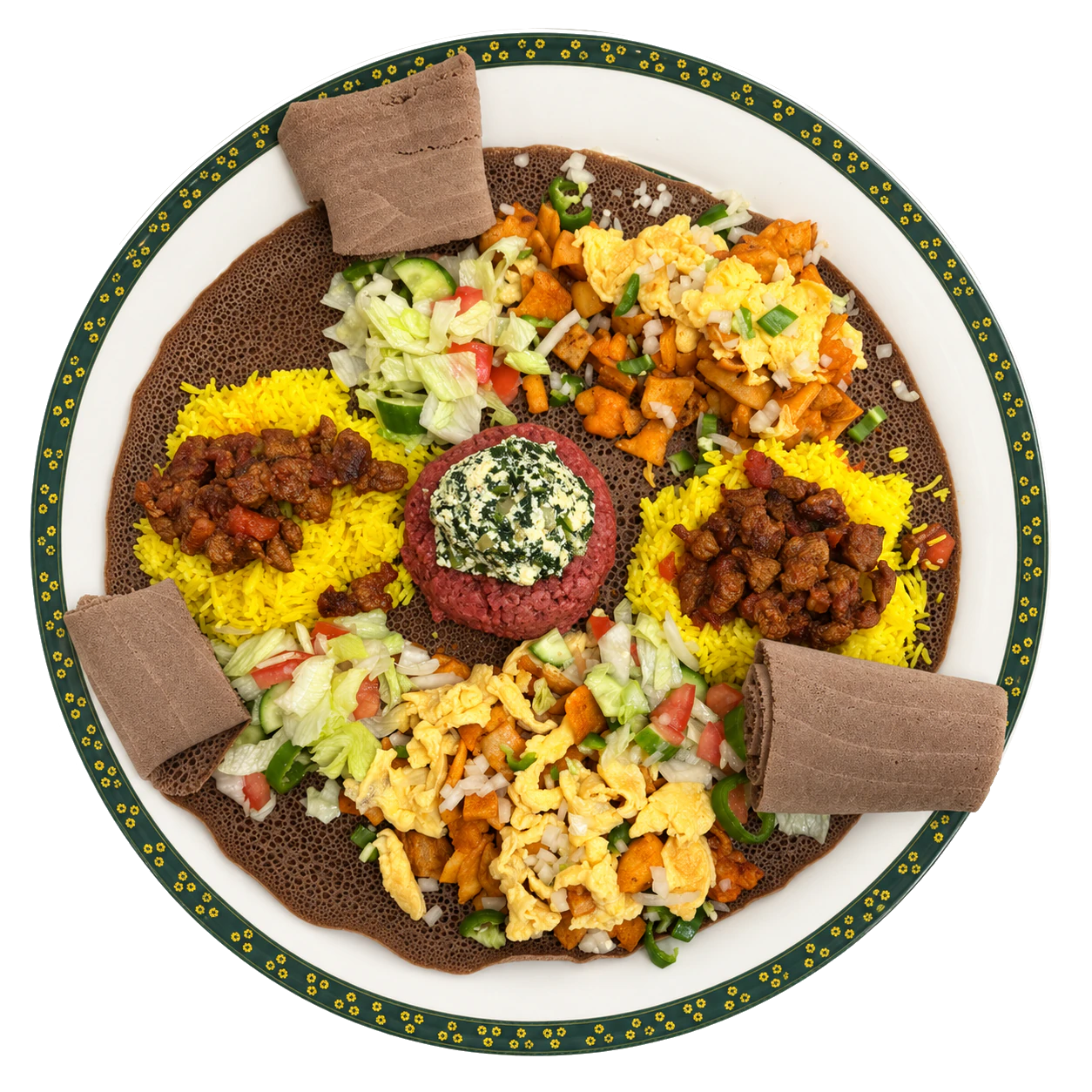 A sharing platter with yellow rice, seasoned meat, egg, greens and salad.