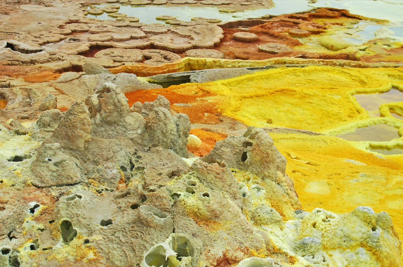Yellow, orange and white mineral terraces surrounding shallow pools at Dallol in the Danakil Depression